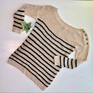 LOFT Tan Black Stripe Sweater Button Shoulder XS